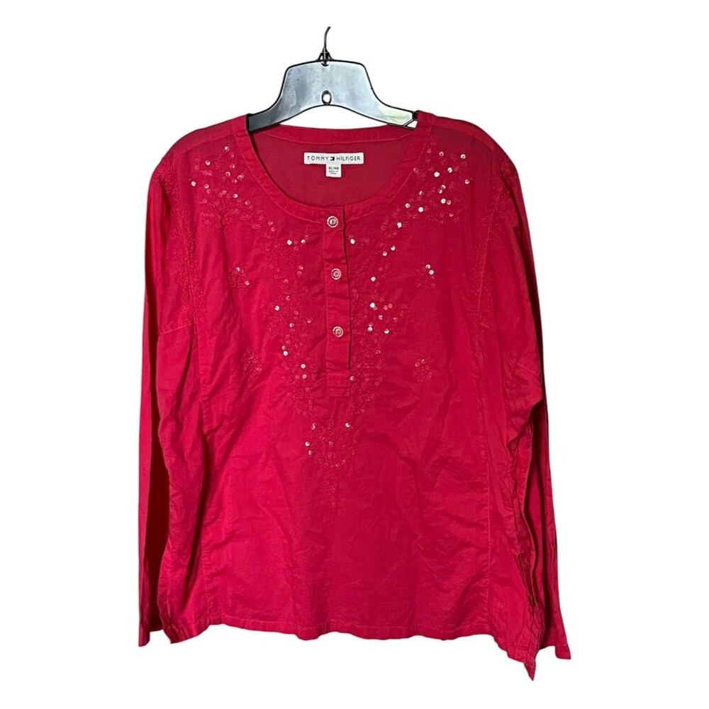 Tommy Hilfiger Pink Cotton Sequin/Embroidered Long Sleeve Pullover Shirt Size XL